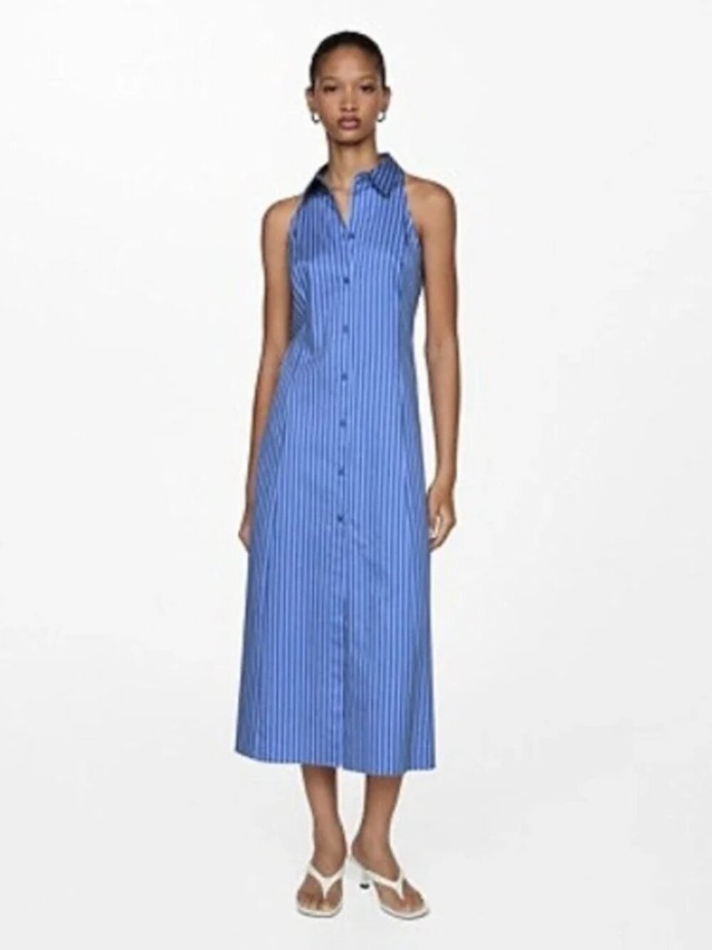 NWT Mango MNG Blue Striped Sleeveless Midi Shirt Dress in cotton